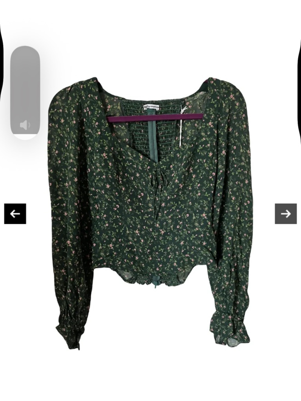 Reformation Forest Green Floral Tie-Front Peasant Blouse